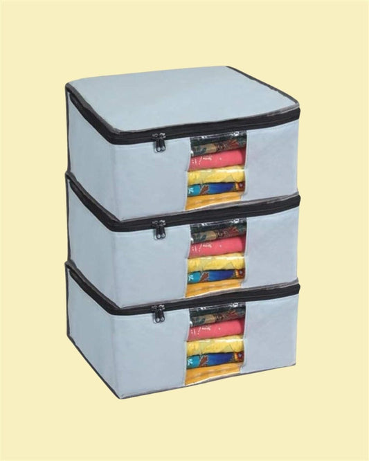 SOLSTICE Cotton Canvas Clothes Storage Bags, Saree Covers with Zip for Storage Specially Design for Woman Dresses, Sarees, Lehengas for Wardrobe Organizer (17 x 14 x 7 Inch, off white, Pack 0f 3)