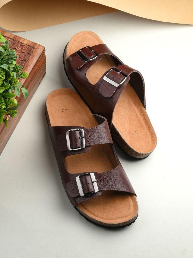 Men's leather sandals, beach flat-soled slippers, PU insole slippersWith adjustable buckles, size 6.5-12