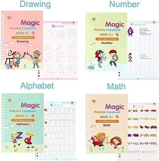 Sank Magic Practice Copybook, (4 Books + 10 REFILL+1 Pen +1 Grip) Number Tracing Book for Preschoolers with Pen, Magic Calligraphy Copybook Set Practical Reusable Writing Tool Simple Hand Lettering