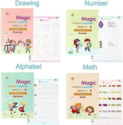 Sank Magic Practice Copybook, (4 Books + 10 REFILL+1 Pen +1 Grip) Number Tracing Book for Preschoolers with Pen, Magic Calligraphy Copybook Set Practical Reusable Writing Tool Simple Hand Lettering