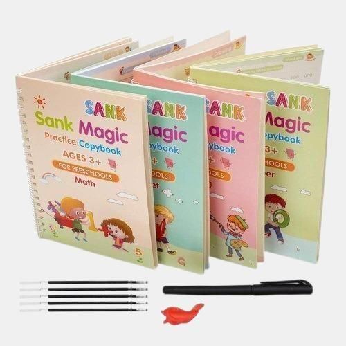 Sank Magic Practice Copybook, (4 Books + 10 REFILL+1 Pen +1 Grip) Number Tracing Book for Preschoolers with Pen, Magic Calligraphy Copybook Set Practical Reusable Writing Tool Simple Hand Lettering