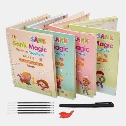 Sank Magic Practice Copybook, (4 Books + 10 REFILL+1 Pen +1 Grip) Number Tracing Book for Preschoolers with Pen, Magic Calligraphy Copybook Set Practical Reusable Writing Tool Simple Hand Lettering