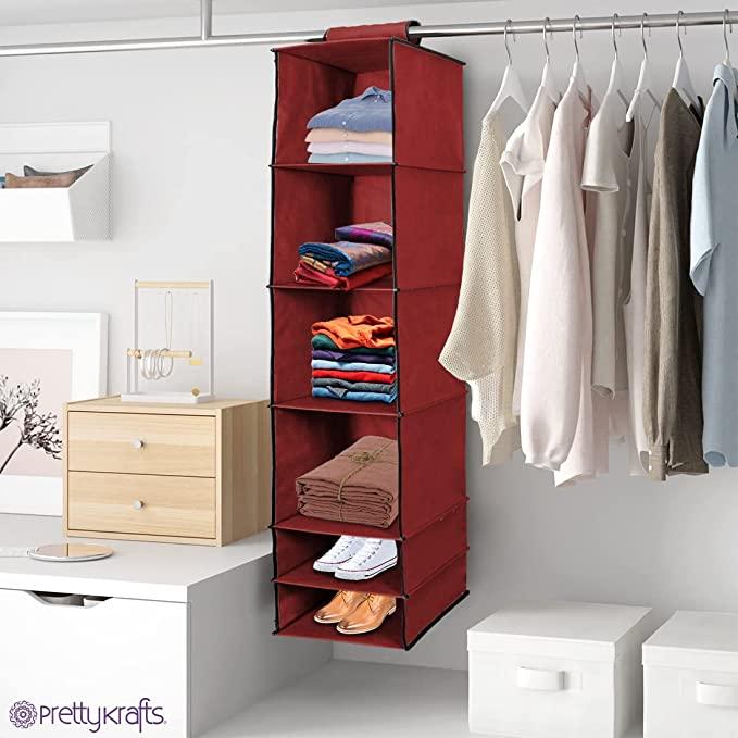 Univivi 6 Shelf Hanging Closet Organizer and Storage with 4 Removable Drawers & 6 Side Pockets,Wardrobe Clothes Organizer,Closet Hanging Shelves,Hanging Storage Organizer,Foldable