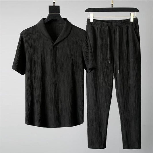 LecGee Men Summer Casual Short Sleeve Pant Sets Solid Button Down Shirt Elastic Pants 2 Piece Outfits Beach Tracksuit