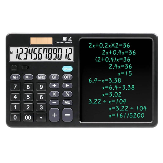 Calculator with Writing Pad - Solar & Battery Dual Power Supply - 12-Digit Large Display Calculator for Business and Office Use (Black)