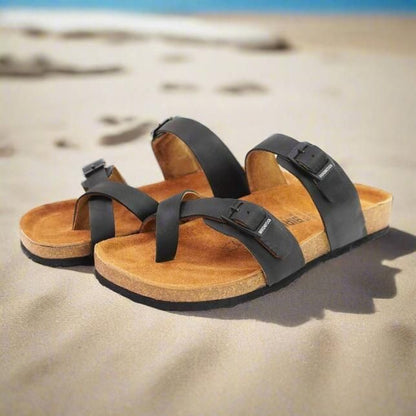Mens Adjustable Leather Slide Sandals Comfortable Lightweight Summer Memory Foam Sandals Casual Beach Slip On Sandals for Men Indoor & Outdoor