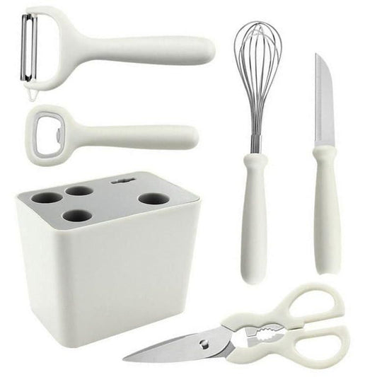 Caraway Kitchen Gadget Set - 5 Piece Kitchen Essentials - Stainless Steel - Includes Can Opener, Pizza Cutter, Garlic Press, Ice Cream Scoop, Vegetable Peeler, and Storage Organizer
