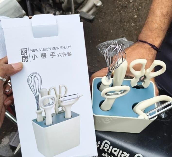 Caraway Kitchen Gadget Set - 5 Piece Kitchen Essentials - Stainless Steel - Includes Can Opener, Pizza Cutter, Garlic Press, Ice Cream Scoop, Vegetable Peeler, and Storage Organizer