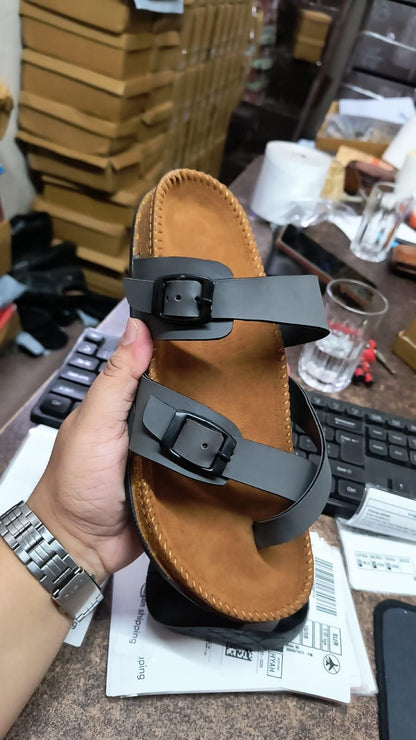 Mens Adjustable Leather Slide Sandals Comfortable Lightweight Summer Memory Foam Sandals Casual Beach Slip On Sandals for Men Indoor & Outdoor