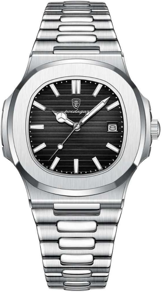 Luxury PATEK PHILIPPE Men's Stainless Steel Watch, Silver Band, Date Display, White/Blue/Black Dial