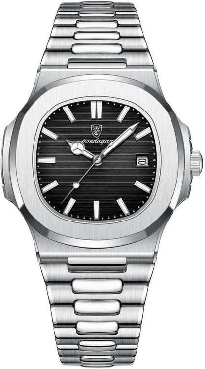 Luxury PATEK PHILIPPE Men's Stainless Steel Watch, Silver Band, Date Display, White/Blue/Black Dial