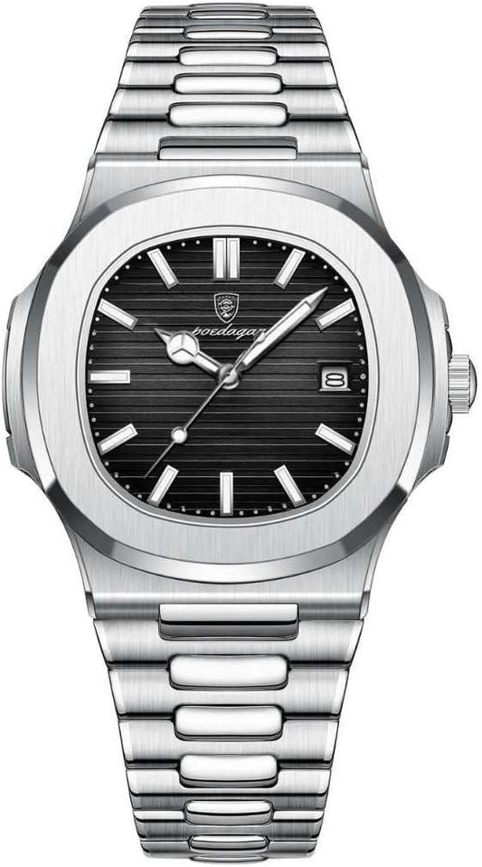Luxury PATEK PHILIPPE Men's Stainless Steel Watch, Silver Band, Date Display, White/Blue/Black Dial