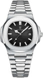 Luxury PATEK PHILIPPE Men's Stainless Steel Watch, Silver Band, Date Display, White/Blue/Black Dial
